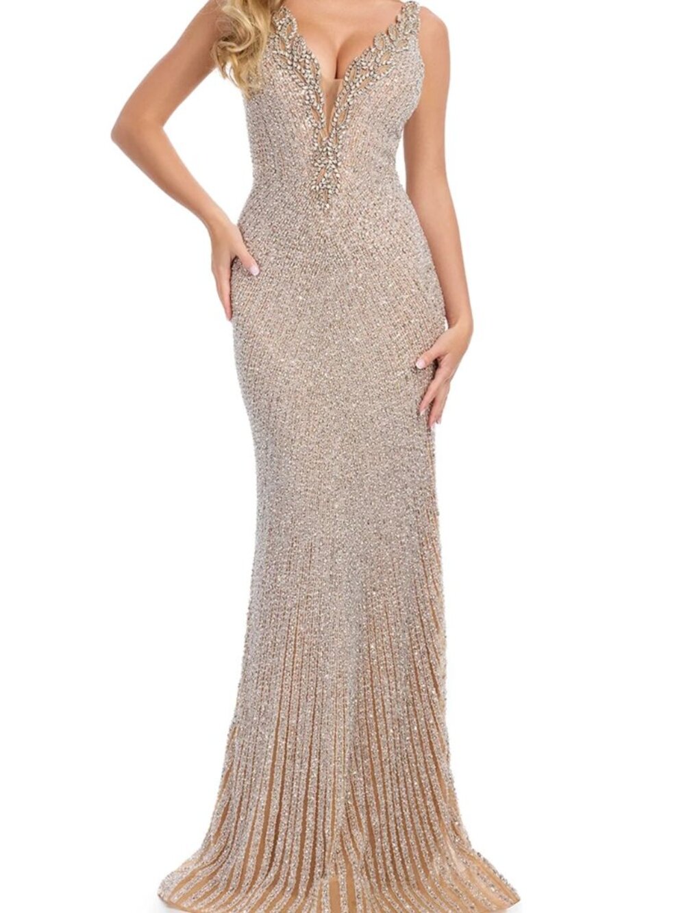 NWT Ashley Lauren 11955 Intricate Beaded Prom Dress Silver size 12